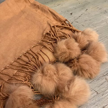 Soft Tan Faux Fur Pom Pom Wrap Scarf Made in Scotland Like New