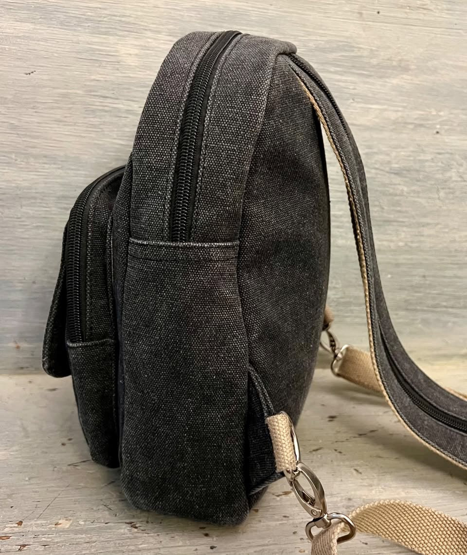 Gray Canvas Backpack Purse Adjustable Straps Zip Closure Front Pockets Like New