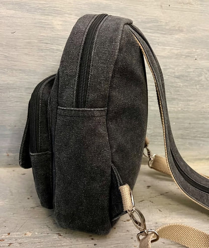 Gray Canvas Backpack Purse Adjustable Straps Zip Closure Front Pockets Like New