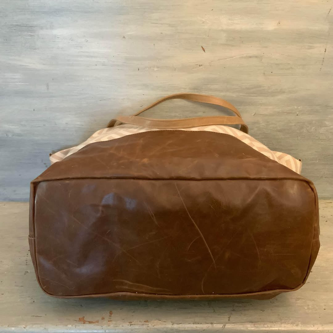 Mossimo Canvas Greek Key Faux Brown Leather and Suede Overnight Weekender Bag Good Condition