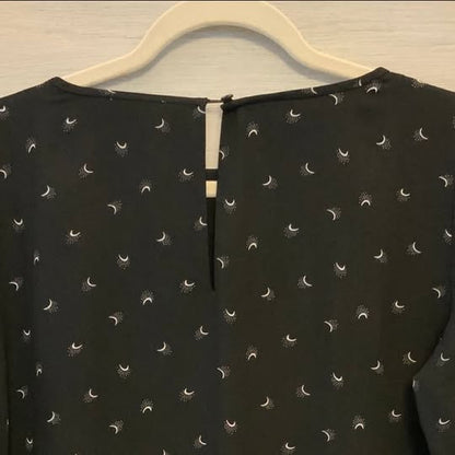 Loft Empire Waist Bell Sleeve Black Silver Crescent Moon Print Dress Medium Like New
