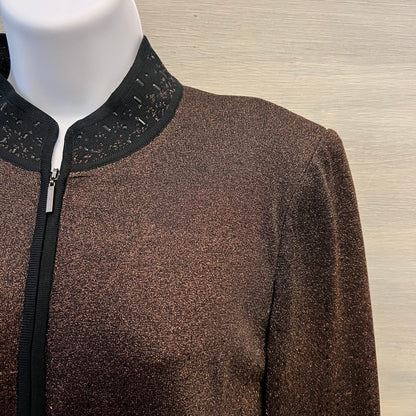 Ming Wang Ombré Bronze Black Beaded Zip Knit Jacket Size Medium Like New