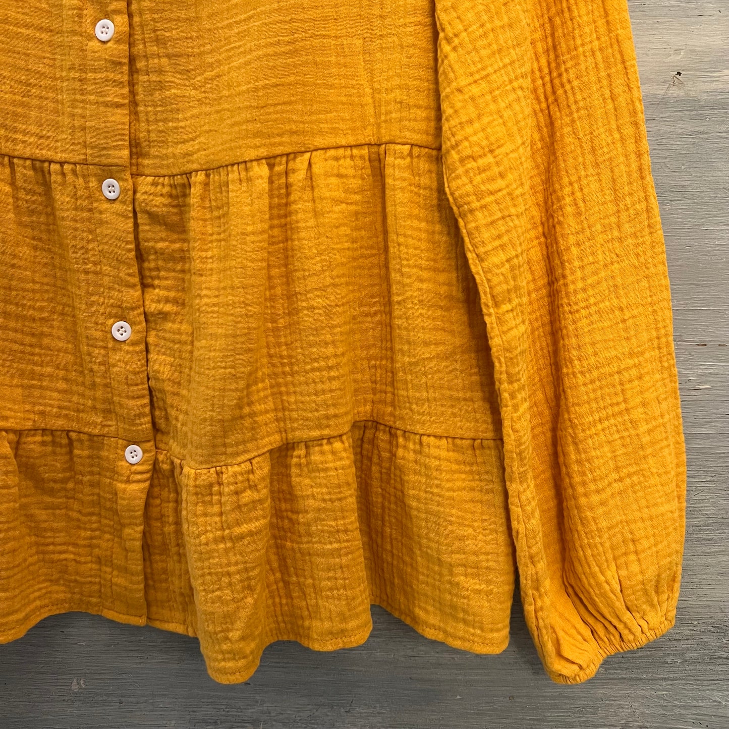 SHEIN 100% Cotton Muslin Mustard Balloon Sleeve Ruffled Hem Blouse Size Medium Like New