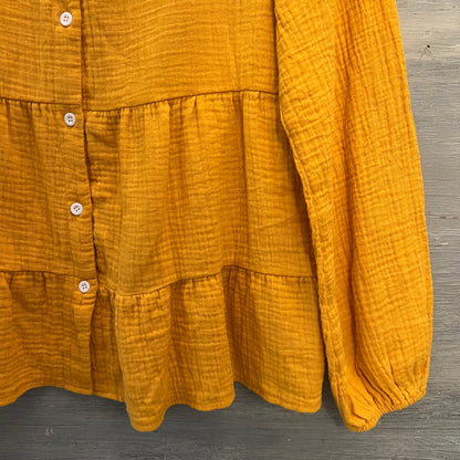 SHEIN 100% Cotton Muslin Mustard Balloon Sleeve Ruffled Hem Blouse Size Medium Like New