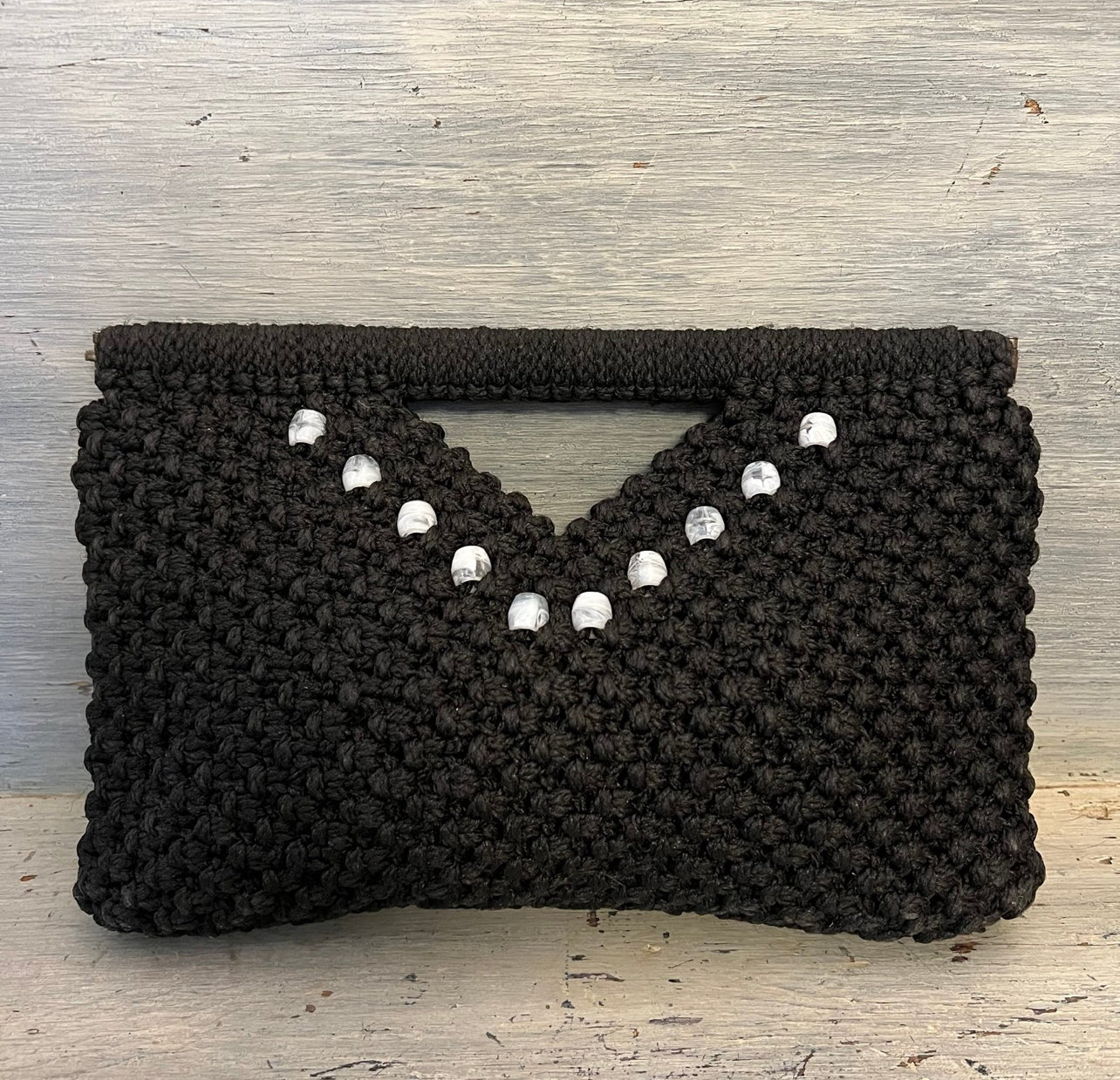 Vintage Handmade Black Beaded Macrame Clutch Handbag Purse Good Condition