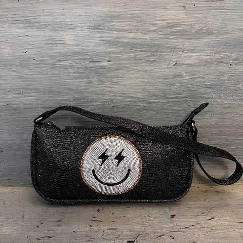 Skinny Dip Black Shimmer Rhinestone Smiley Face Shoulder Bag Purse Like New