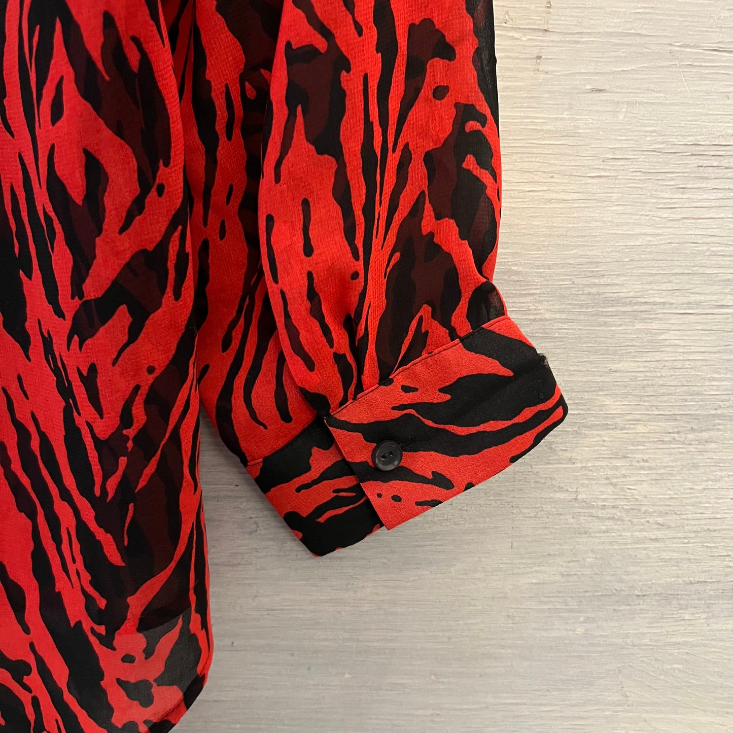 Mint Velvet Red Black Zebra Print Sheer Button Down Blouse Size 16 Like New
