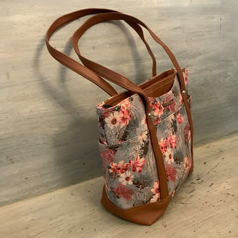 Rosetti Faux Brown Leather Pink Purple Floral Print Shoulder Bag Purse Good Condition