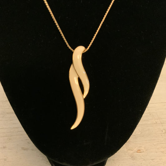 Vintage 80's Monet Gold Tone/Ivory Enamel Modernist Wave Pendant Necklace 16" Good Condition
