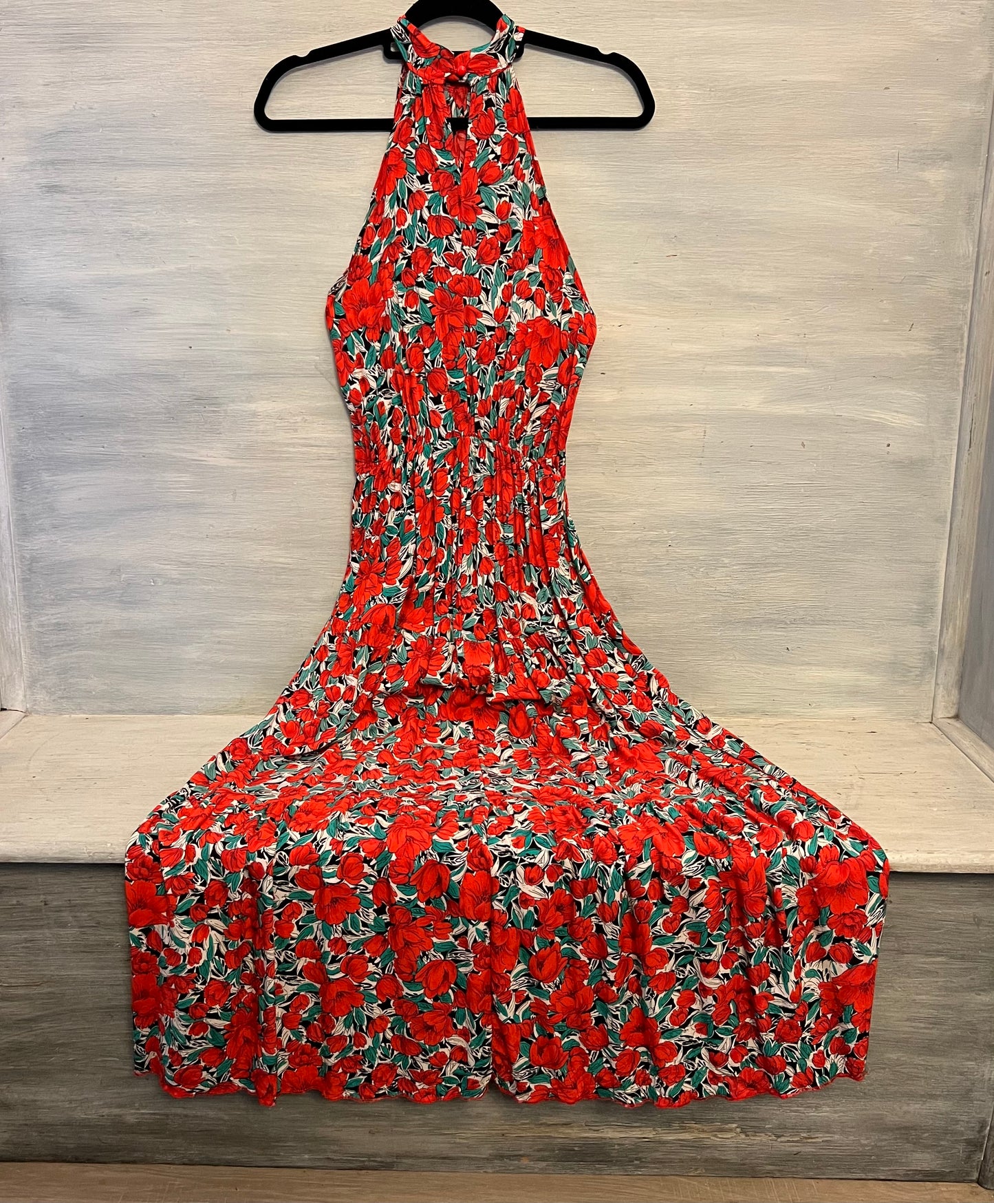 Red Hibiscus Flower Print Halter Neck Racerback High Low Maxi Dress Size Medium Good Condition