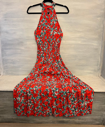 Red Hibiscus Flower Print Halter Neck Racerback High Low Maxi Dress Size Medium Good Condition