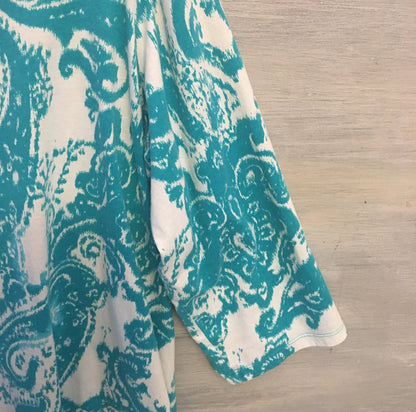 Ralph Lauren 100% Cotton Aqua Blue White 3/4 Sleeve Tunic Top Blouse Size 2X Like New