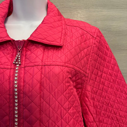 Vintage the Quacker Factory Hot Pink Quilted Rhinestone Zipper Coat Jacket Est. Size XL Good Condition