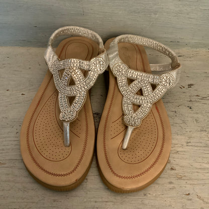 Forever Silver Embellished T Strap Thong Mini Wedge Slip On Sandals Size 7.5 Good Condition