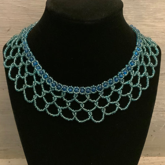 Hand Beaded Blue Statement Necklace 12”-14” New