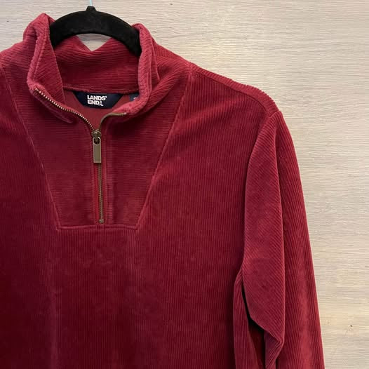 Lands’ End Burgundy Soft Corduroy Zip Neck Pullover Shirt Medium Good Condition