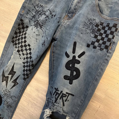 THRT 98% Cotton Jeans Graphic Design Ripped Knee Good Condition