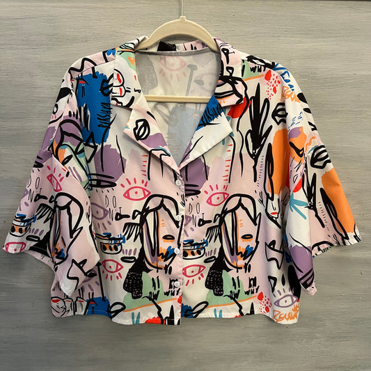 SHEIN Curve Colorful Abstract Print Oversize Button Down Crop Top Blouse Size 2XL Good Condition