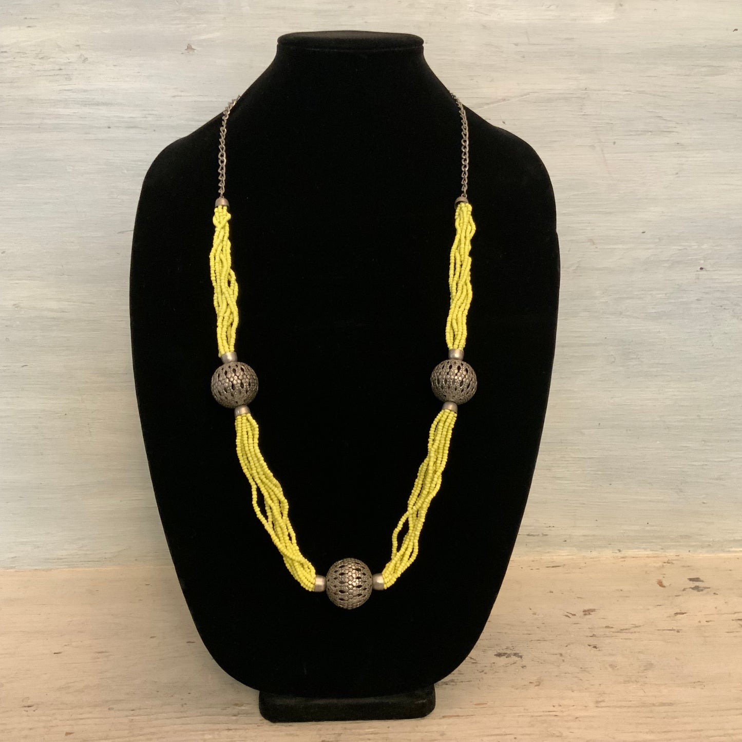 Chartreuse Long Bohemian Multi Strand Mini Beaded Statement Necklace 34" Good Condition