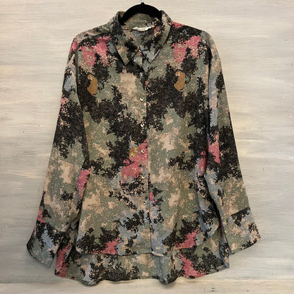 entro Tiger Black Blue Green Pink Floral Print Button Down High Low Blouse Large Good Condition