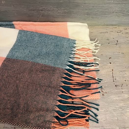 Soft Teal Peach Buffalo Check Plaid Knit Scarf Like New
