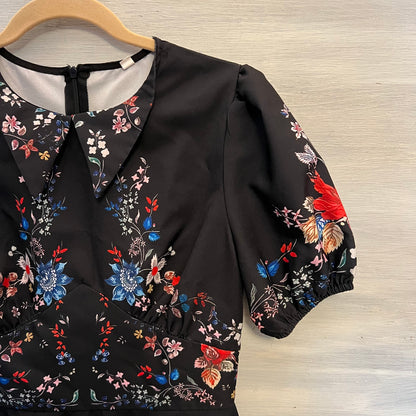 Lovely Black Floral Print Swallow Tail Collar Puff Sleeve Midi Dress Small Like New