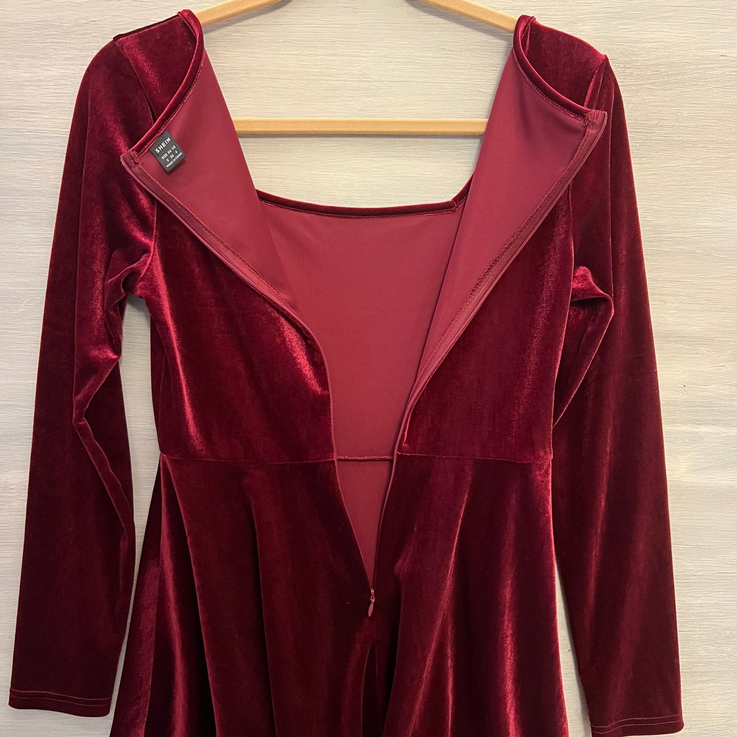 SHEIN Red Velvet Square Neck Long Sleeve Fit & Flare Dress Size Small Like New