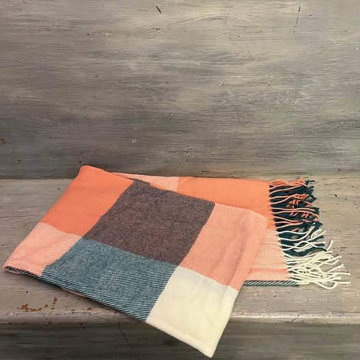 Soft Teal Peach Buffalo Check Plaid Knit Scarf Like New