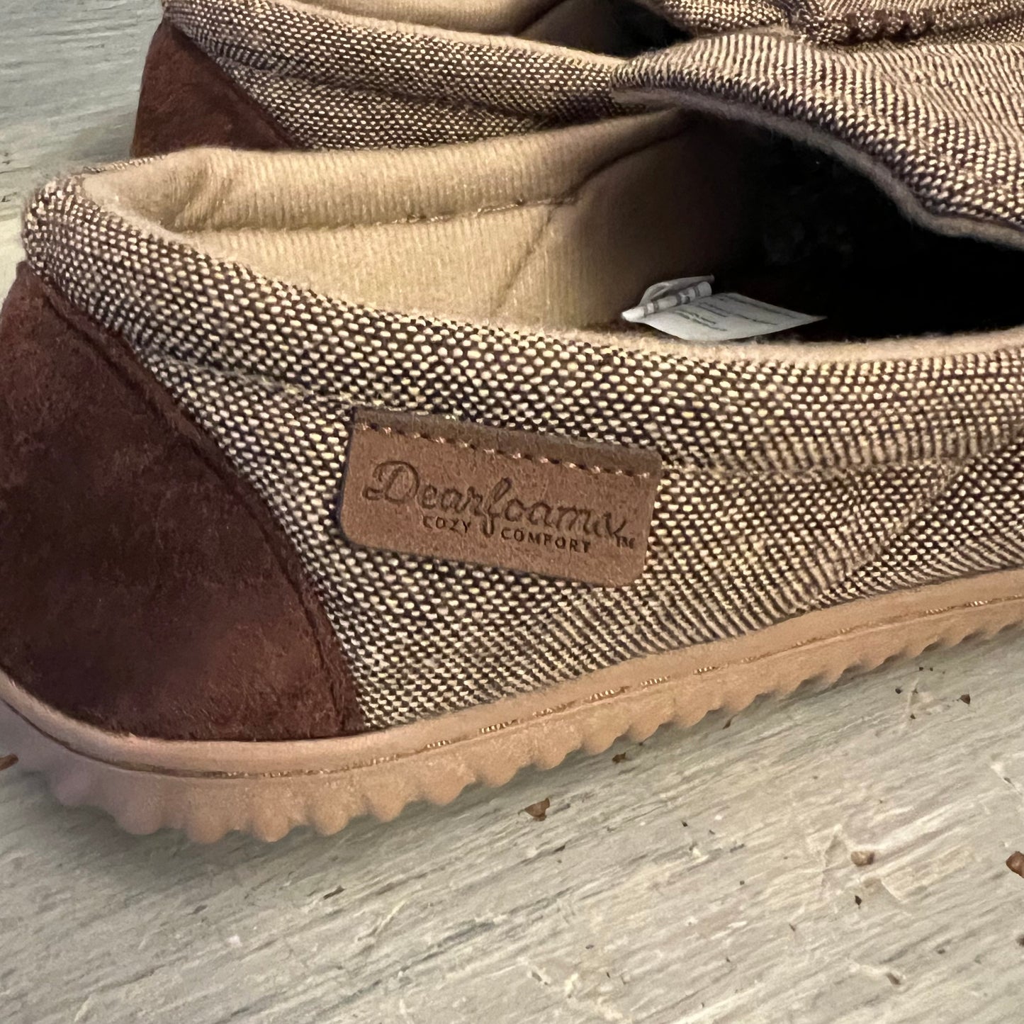 Dearfoams Cozy Comfort Tan Tweed Canvas Rubber Sole Slippers 9-10 Like New