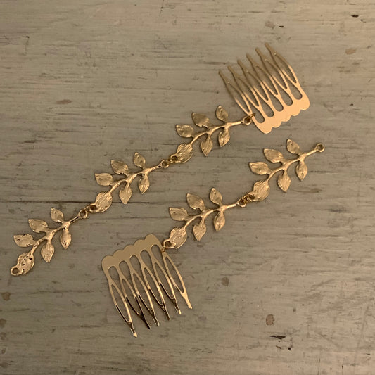 Set of Two Light Gold Toned Dangling Branch w/ Leaves Decorative Hair Combs Good Condition
