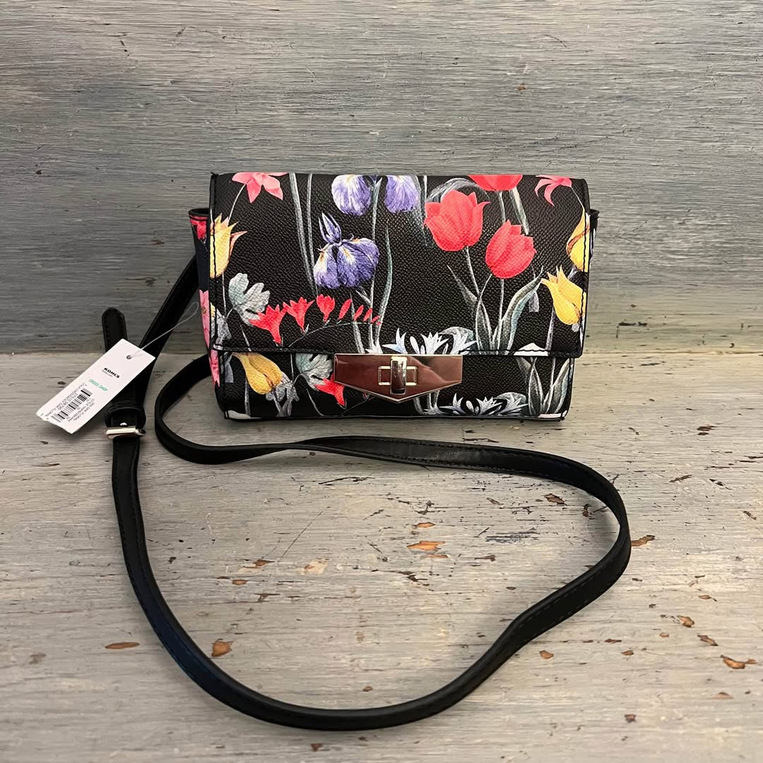 Apt 9 Black Faux Leather Floral Print Crossbody Bag Purse New with Tags