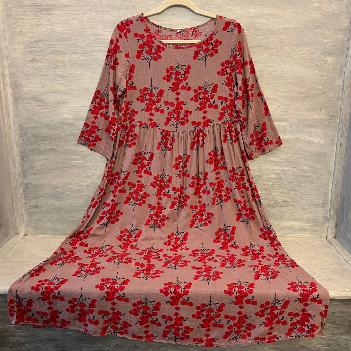 Purple Red Floral Print Crew Neck 3/4 Sleeve Smock Midi Dress Size Medium Like New