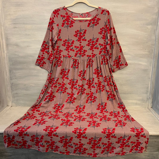 Purple Red Floral Print Crew Neck 3/4 Sleeve Smock Midi Dress Size Medium Like New