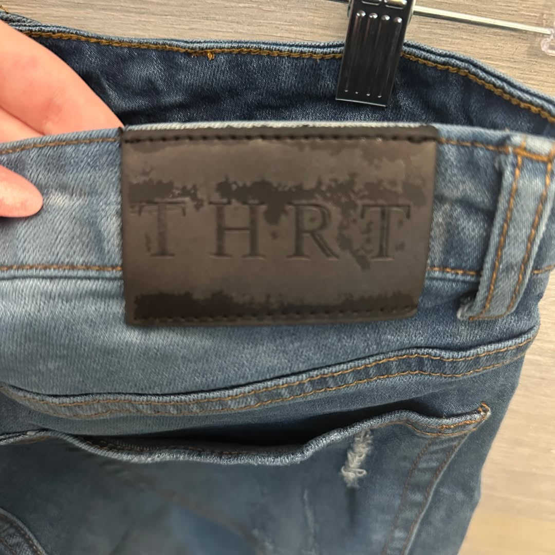 THRT 98% Cotton Jeans Graphic Design Ripped Knee Good Condition