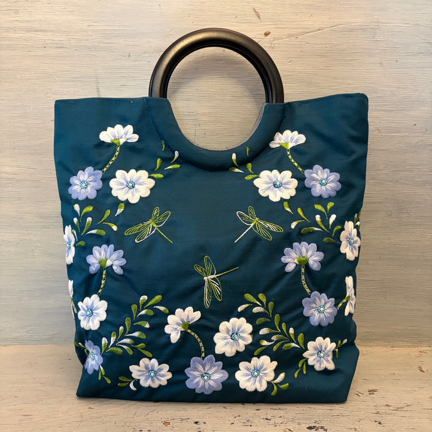 Embroidered Beaded Flower Dragonfly Blue Green Handbag Purse New