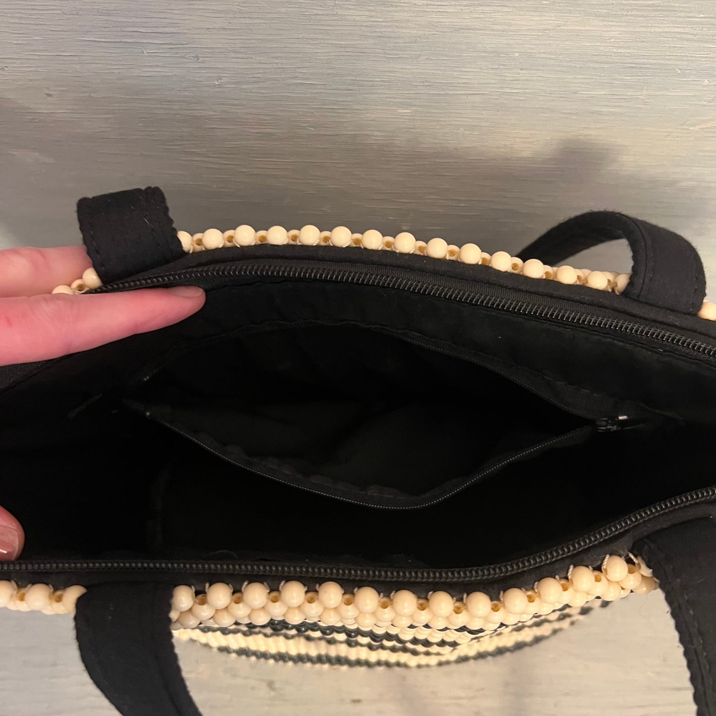 Vintage Beaded Black Cream Stripe Shoulder Bag Purse Good Condition