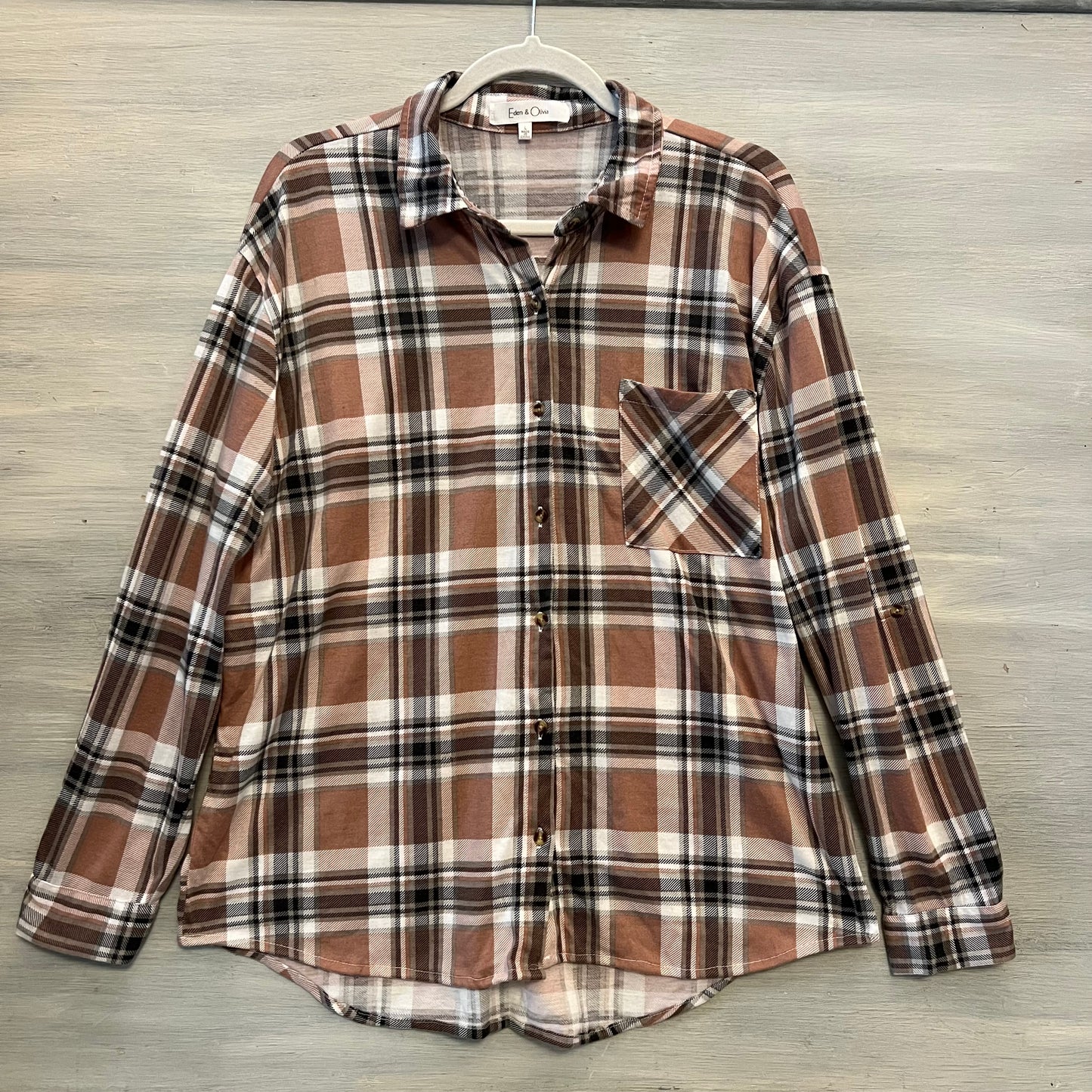 Eden & Olivia Mauve Gray White Plaid Flannel Button Down Shirt Size Large Good Condition