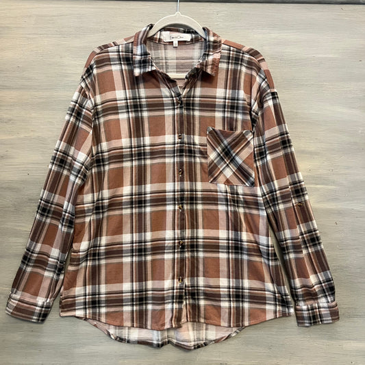 Eden & Olivia Mauve Gray White Plaid Flannel Button Down Shirt Size Large Good Condition