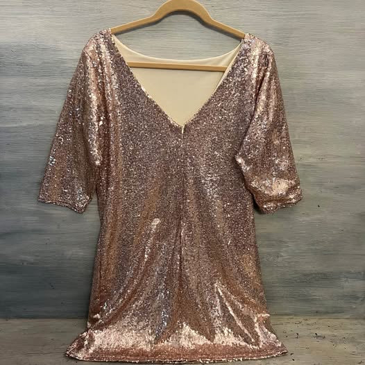 Regena X Pink Champagne Sequin 3/4 Sleeve V Back Mini Dress XL Good Condition
