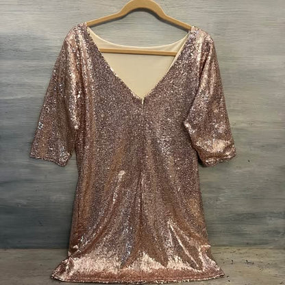Regena X Pink Champagne Sequin 3/4 Sleeve V Back Mini Dress XL Good Condition