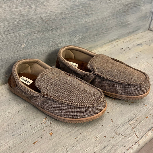 Dearfoams Cozy Comfort Tan Tweed Canvas Rubber Sole Slippers 9-10 Like New