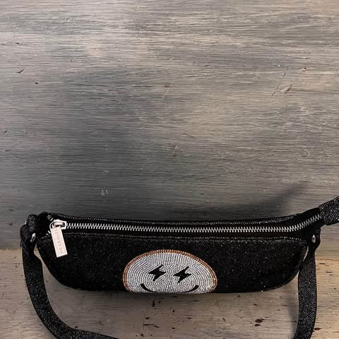 Skinny Dip Black Shimmer Rhinestone Smiley Face Shoulder Bag Purse Like New