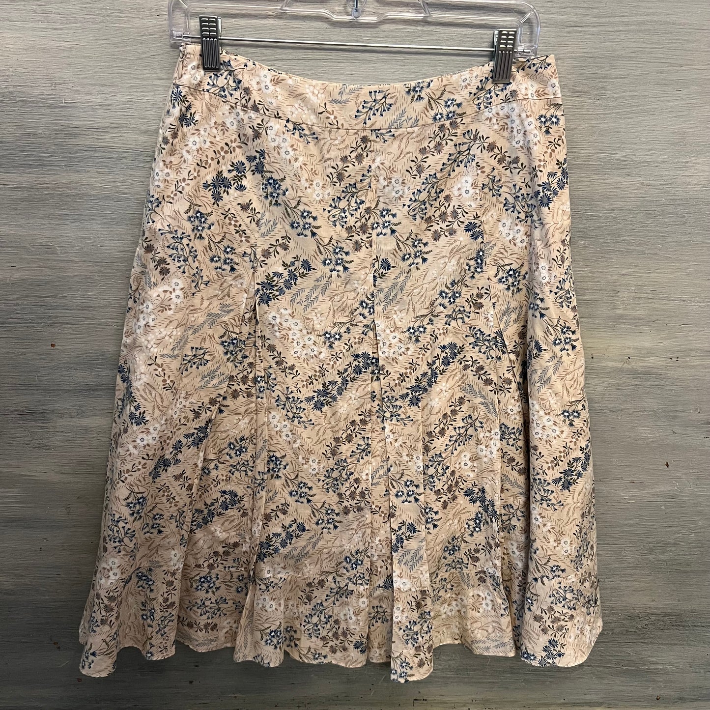 Laura Ashley 100% Cotton Tan Green Floral Print Pleated ALine Flare Skirt 11 Like New