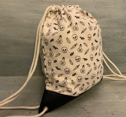 Skull Crossbones Poison Bottle Print Canvas Drawstring Backpack Good Condition