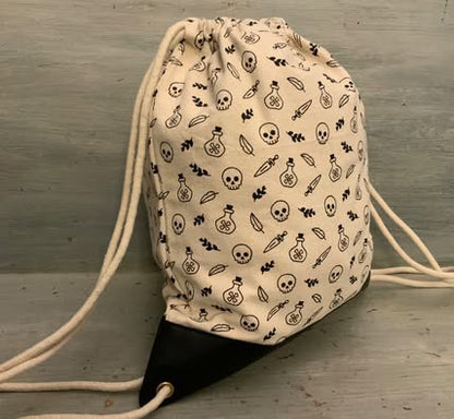 Skull Crossbones Poison Bottle Print Canvas Drawstring Backpack Good Condition