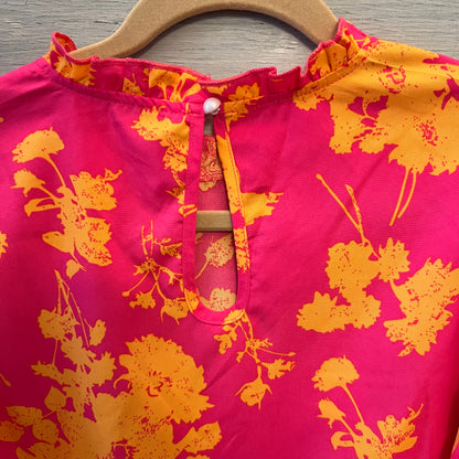 Shein Hot Pink Orange Floral Print High Ruffle Collar Blouse Size Medium Good Condition