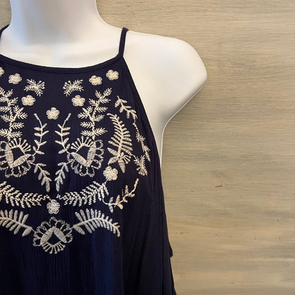 Love Fire Navy Blue White Embroidered Racerback Halter Neck Tank Top Size XL New with Tags
