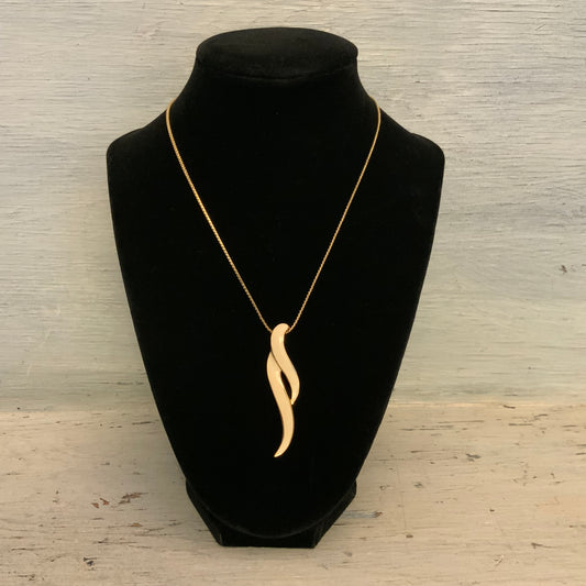 Vintage 80's Monet Gold Tone/Ivory Enamel Modernist Wave Pendant Necklace 16" Good Condition