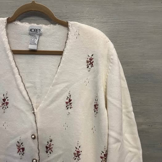 Vintage Koret White Embroidered Beaded Cardigan Sweater 1X Good Condition