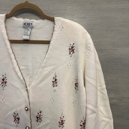 Vintage Koret White Embroidered Beaded Cardigan Sweater 1X Good Condition